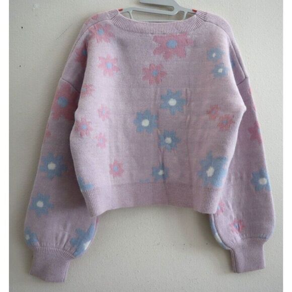 For Love & Lemons Women's Sz Large Lavender Puff Sleeve Willow Cropped Sweater - Picture 2 of 11